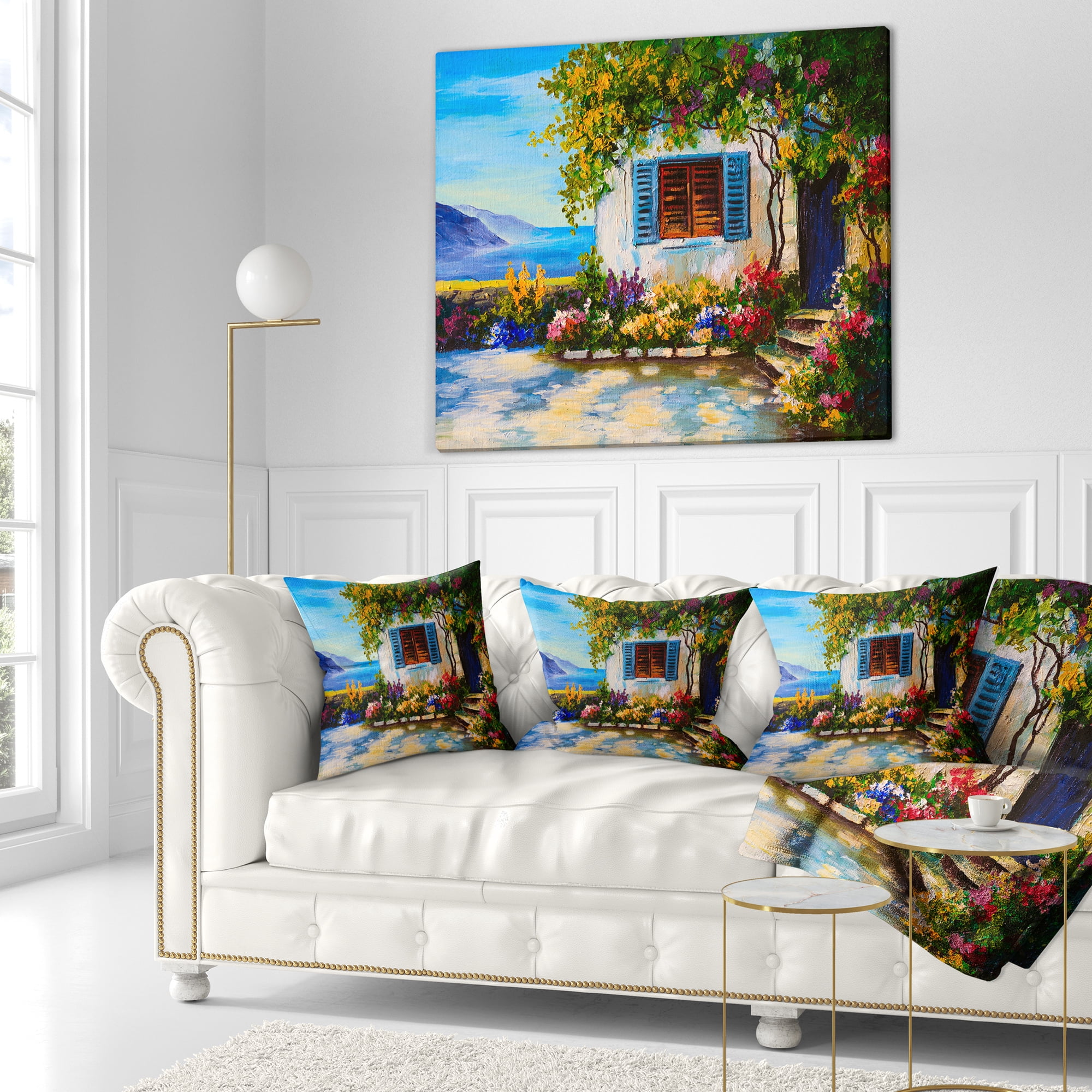 Designart House Near Sea Oil Painting - Landscape Painting Throw Pillow - 18x18