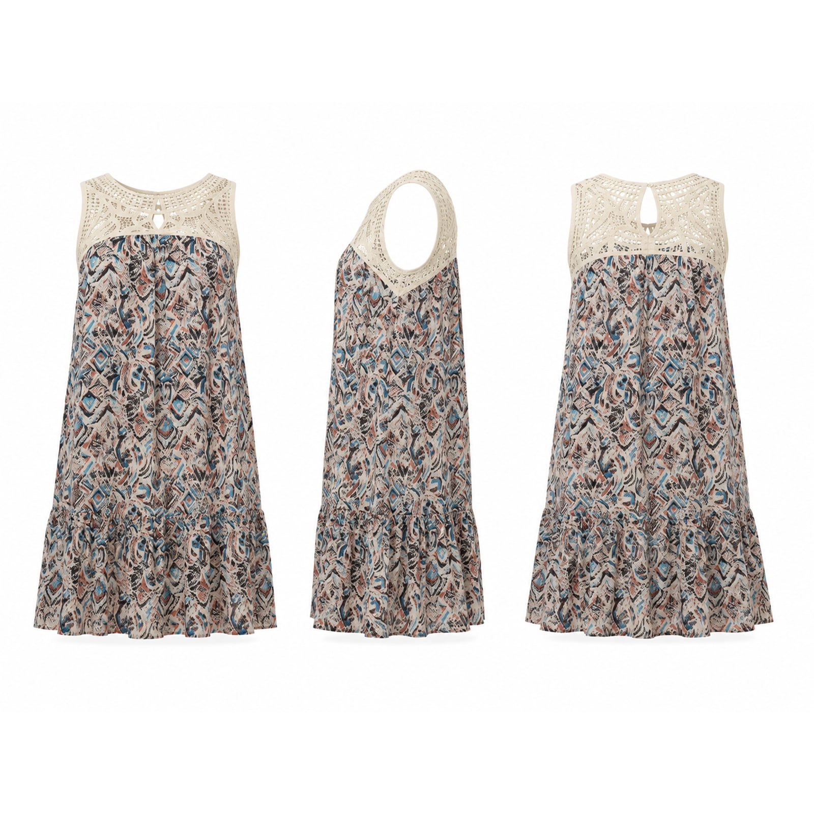 Alvantor Women's Cream Multi Printed Midi Dress with Crochet Yoke and Tiered Hem