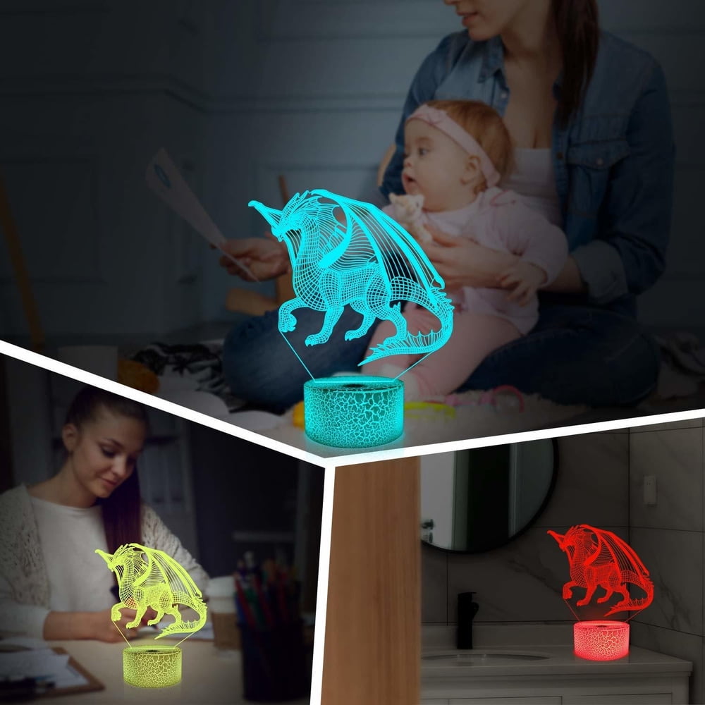 Children's LED Night Light, 3D Dragon Illusion Lamp for Bedroom Decor, Remote-Controlled 16-Color Changing, Perfect as a Christmas or Birthday Gift