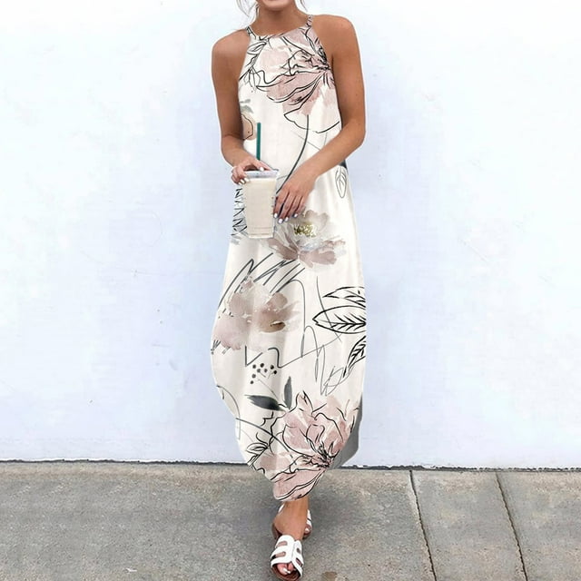 SMihono Robe d'Été pour Femmes Grande Taille Mode Femmes Été Décontracté Imprimé Camisole Sans Manches Longue Robe
