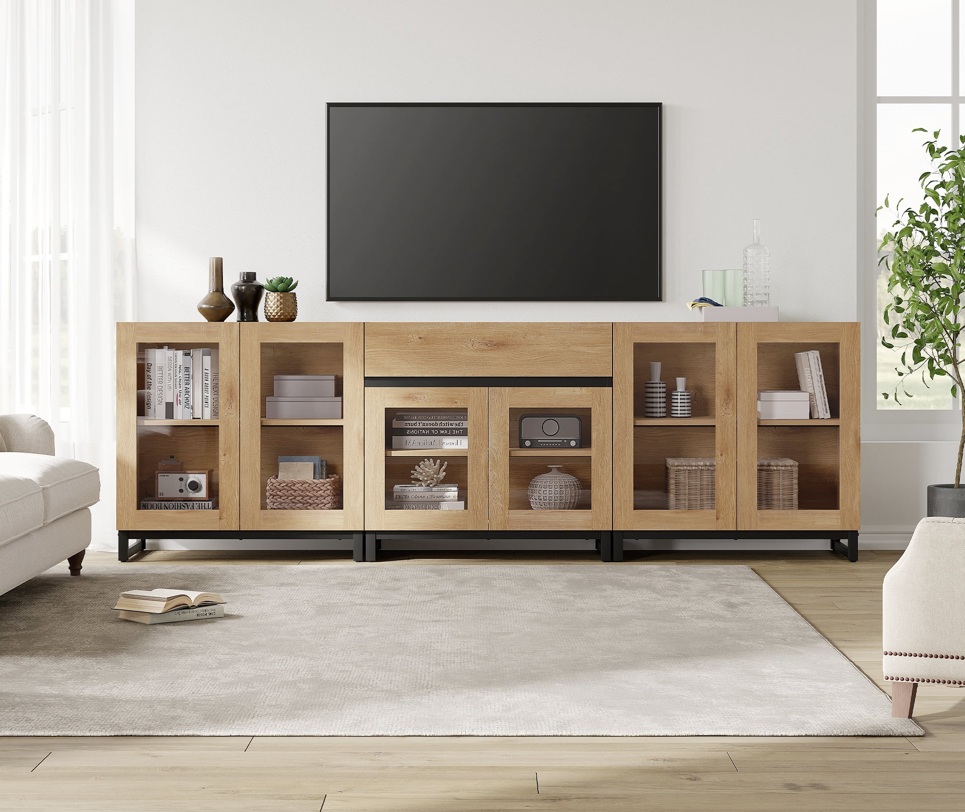 WAMPAT 3-in-1 Modern TV Stand for TVs up to 100 Inch, Glass Doors & 1 Drawer Entertainment Center, Media Console with Adjustable Shelf for Living Room & Bedroom