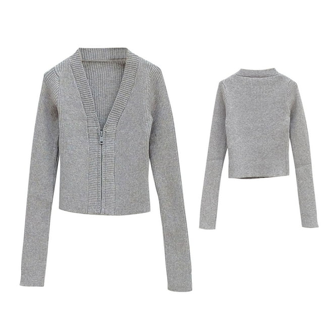 2025 Girls Solid Color Sweater Cardigan With Zipper V-Neck Top Long Sleeve Sweaters Jacket Cropped Outerwear Gray