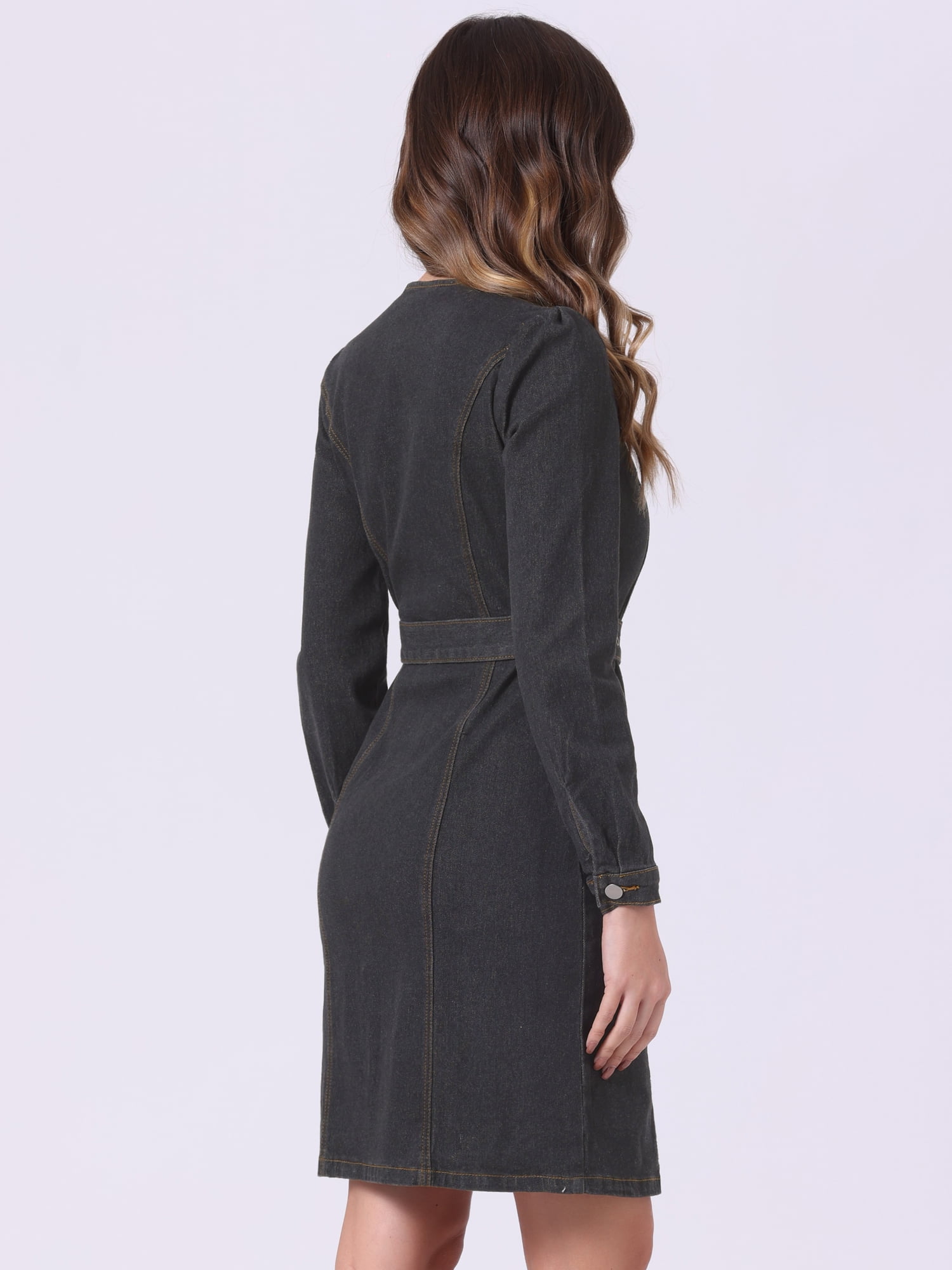 DARING DIVA Denim Dress Notched Lapel Button Down Dress XS Black