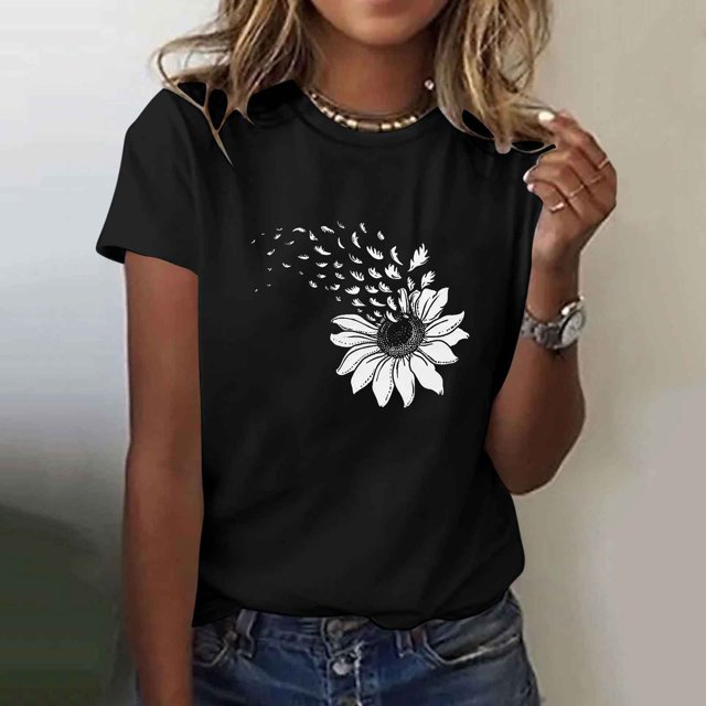 Ovbmpzd T-Shirts Graphiques Floraux d'Été Noirs Amusants à Manches Courtes pour Femmes TG