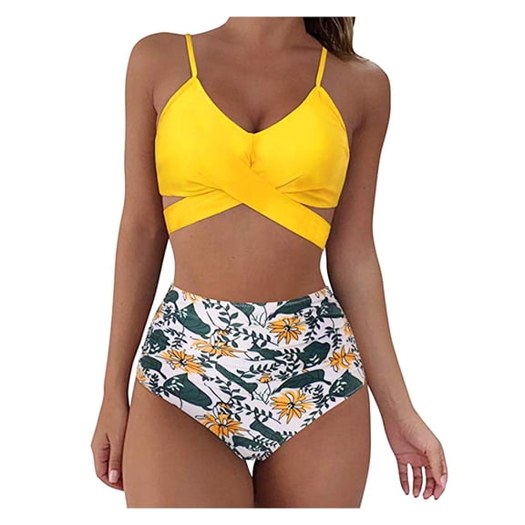 Womens Bikini Swimsuits Criss Cross Tie Back Swim Top with Leopard Bottom Two Piece Tummy Control Bathing Suit