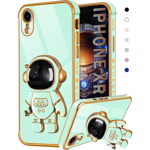 for iPhone XR Case Astronaut Cute for Women Girls Girly Unique Light Green Phone Cases with Astronaut Hidden Stand Kickstand 6D Design Cover for iPhone XR 6.1 inch
