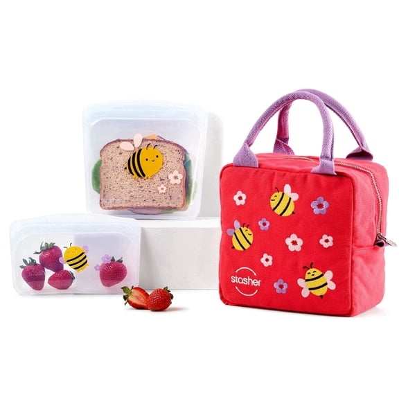 Stasher Reusable Food-Safe Kids Lunch Collection, 3 Pack, Food Bags & Lunch Bag, Bee