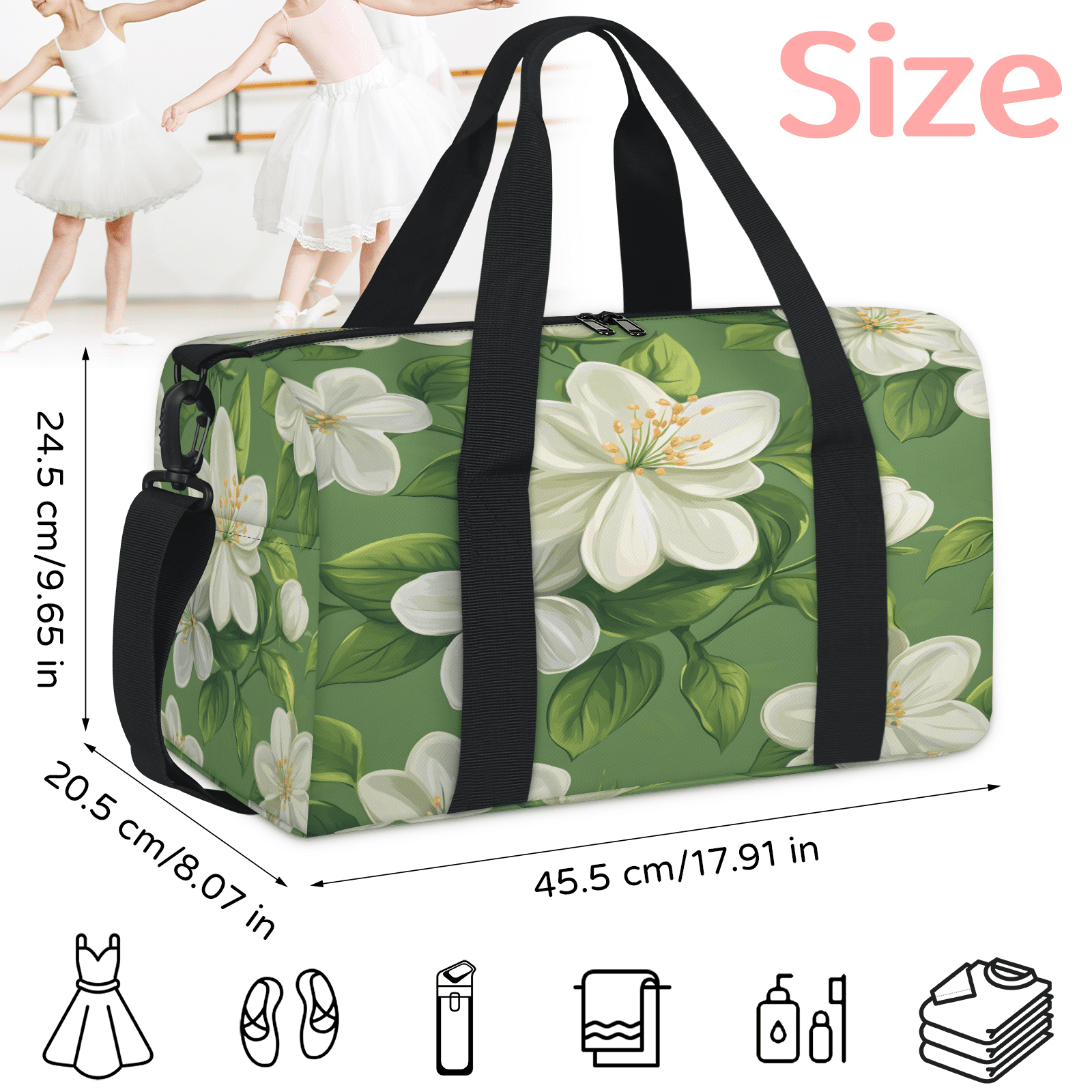Herdesigns Sage Green Travel Duffle Bag Sports Yoga Weekender Overnight Carry on Workout Bags Lightweight Waterproof Gym Tote Bag for Women Floral