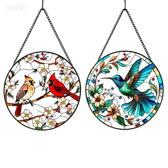 7.8'' Hummingbird Suncatcher Stained Glass Window Hanging Birds Glass Panel with Metal Chain and Hooks Suncatchers Door Home Decor Mother's Day for Women Mom Nana Bird Lovers 2 pcs