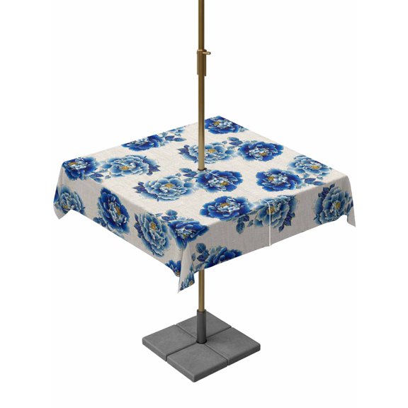 Outdoor Tablecloth with Umbrella Hole for Patio/Picnic/Party/Camping, Navy Blue Flower Waterproof Table Cloth Square Cover Washable, Indigo Blue Summer Rustic Vintage Beige (60"x 60")
