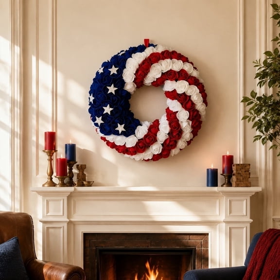July 4th Patriotic Americana Wreath Boxwood Handcrafted Memorial Day Wreath Festival Garland Decoration Front Door Wall Home Decor