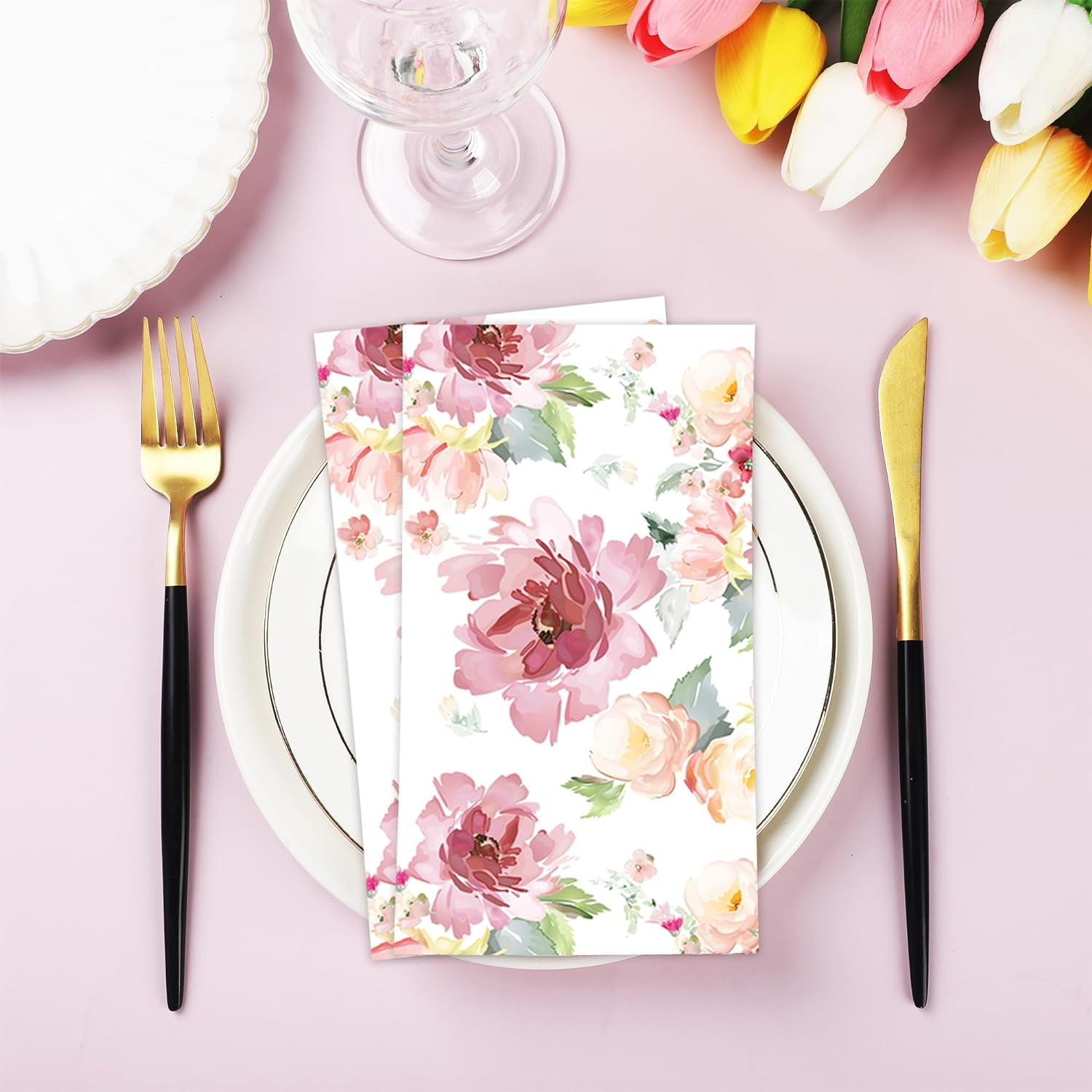 50 PCS Floral Paper Napkins Watercolor Flower Guest Napkins 3-Ply Disposable Dinner Napkins Decorative Paper Hand Towels for Wedding Bridal Baby Shower Tea Party Birthday, 4.3 x 7.9 Inch