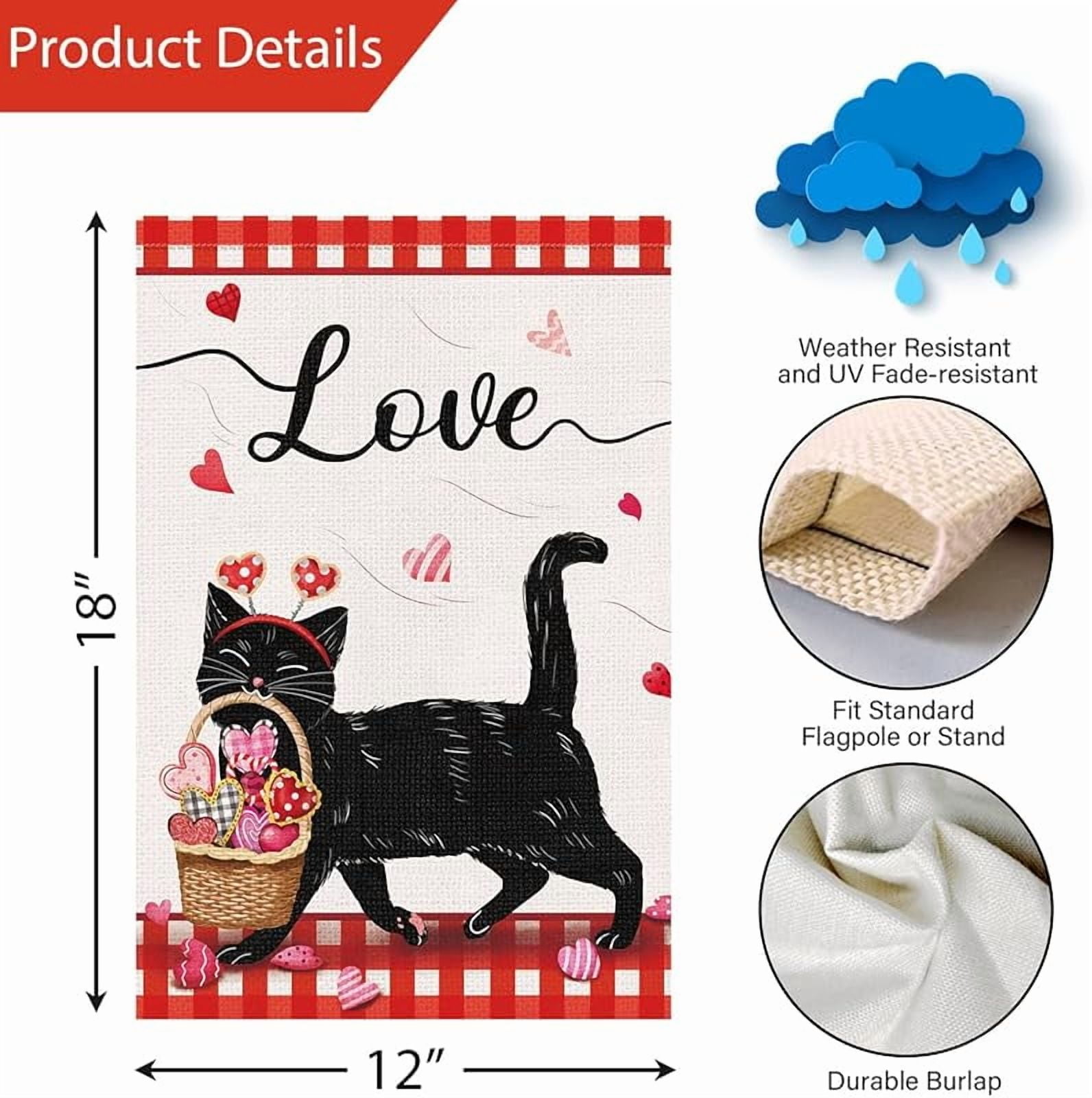Valentines Day Garden Flag Double Sided, Small Burlap Welcome Black Cat Spring Garden Yard Flags Love Heart for Anniversary Wedding Valentines House Outdoor Decor (ONLY FLAG)