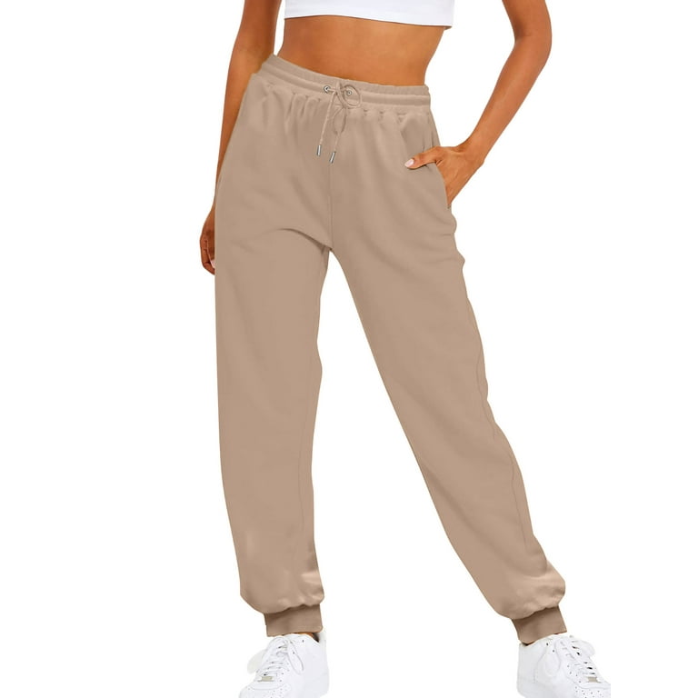 Grianlook Women Sweatpants High Waist Trousers Straight Leg Lounge Bottoms  Solid Color Ladies Baggy With Pockets Casual Elastic Waisted Apricot 2XL