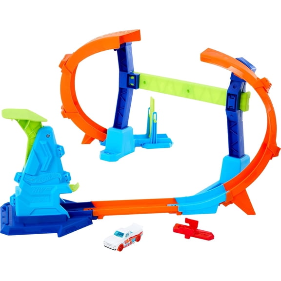 Hot Wheels Stunt Tracks Corkscrew Jump Champion Track Set & 1:64 Scale Toy Car, Features Loop with Speed Snap Track & Adapters, Compresses for Storage