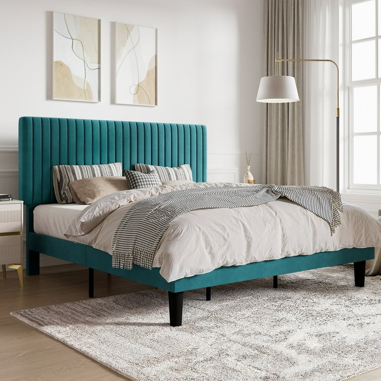 crown bed datype 青 SHA CERLIN King Size Upholstered Platform Bed Frame in Teal Blue