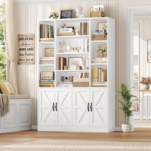 Hiphuta 75" Tall Modern Bookcases with 2 Double Door Cabinet, 47"Wide Wooden Storage Bookshelf for Living Room Home Office Entryway, White