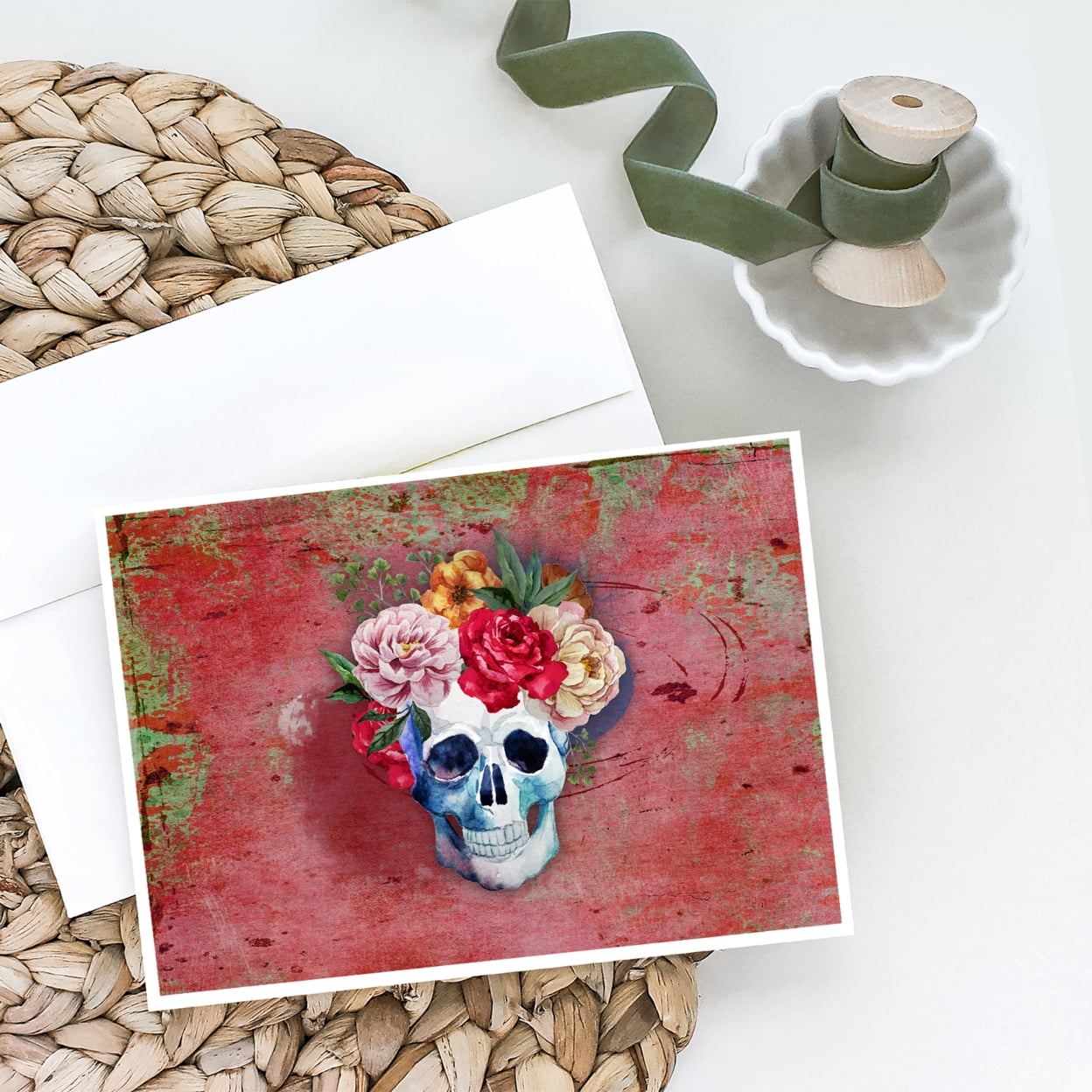 Day of the Dead Red Flowers Skull  Greeting Cards and Envelopes Pack of 8