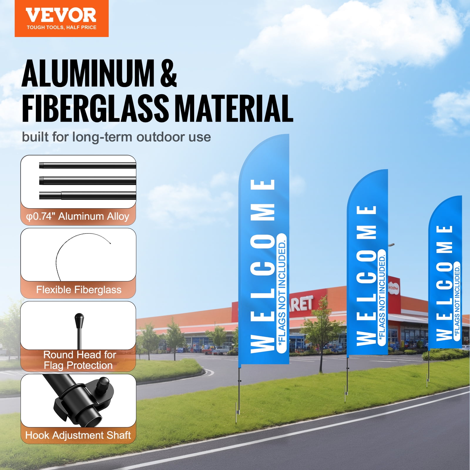 VEVOR Feather Flag Pole Kit, 4 Packs Swooper Flag Pole 16.3 ft, Sign Flag Poles for Business Advertising Flags Outdoor, with Ground Stakes and A Carrying Bag (Flag Not Included)