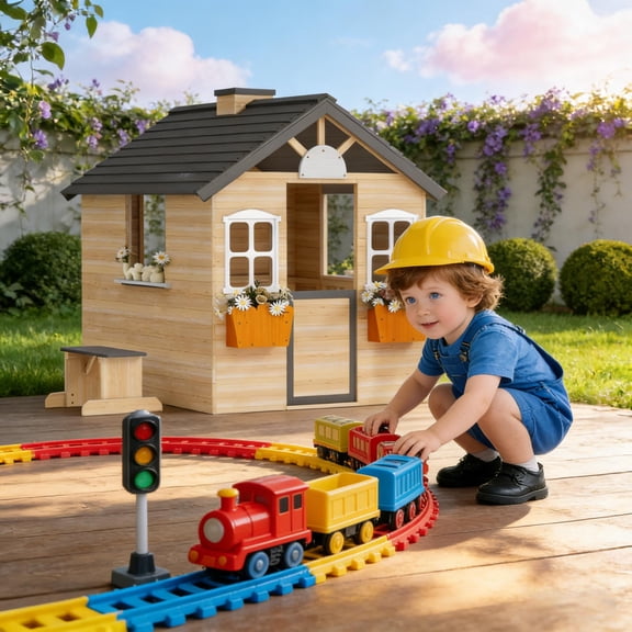Kids Wooden Outdoor Playhouse with Bench, Service Station & Flowerpot Holders, Fir Wood Play House with Half Door & Windows, Tilted Roof, for Ages 3–7