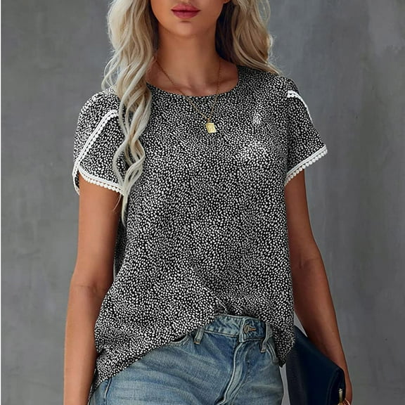 BadyminCSL Fashion Women Casual Printing Round Neck Pullovers Short Sleeve Blouse T-Shirt Tops