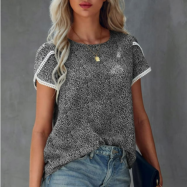 Mikilon Women Casual Printing Round Neck Pullovers Short Sleeve Blouse T-Shirt Tops