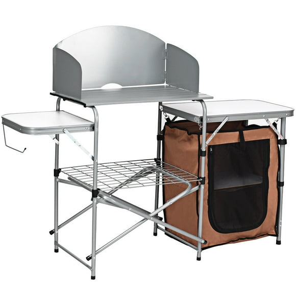 Costway Foldable Camping Table Outdoor BBQ Portable Grilling Stand w/ Windscreen Bag