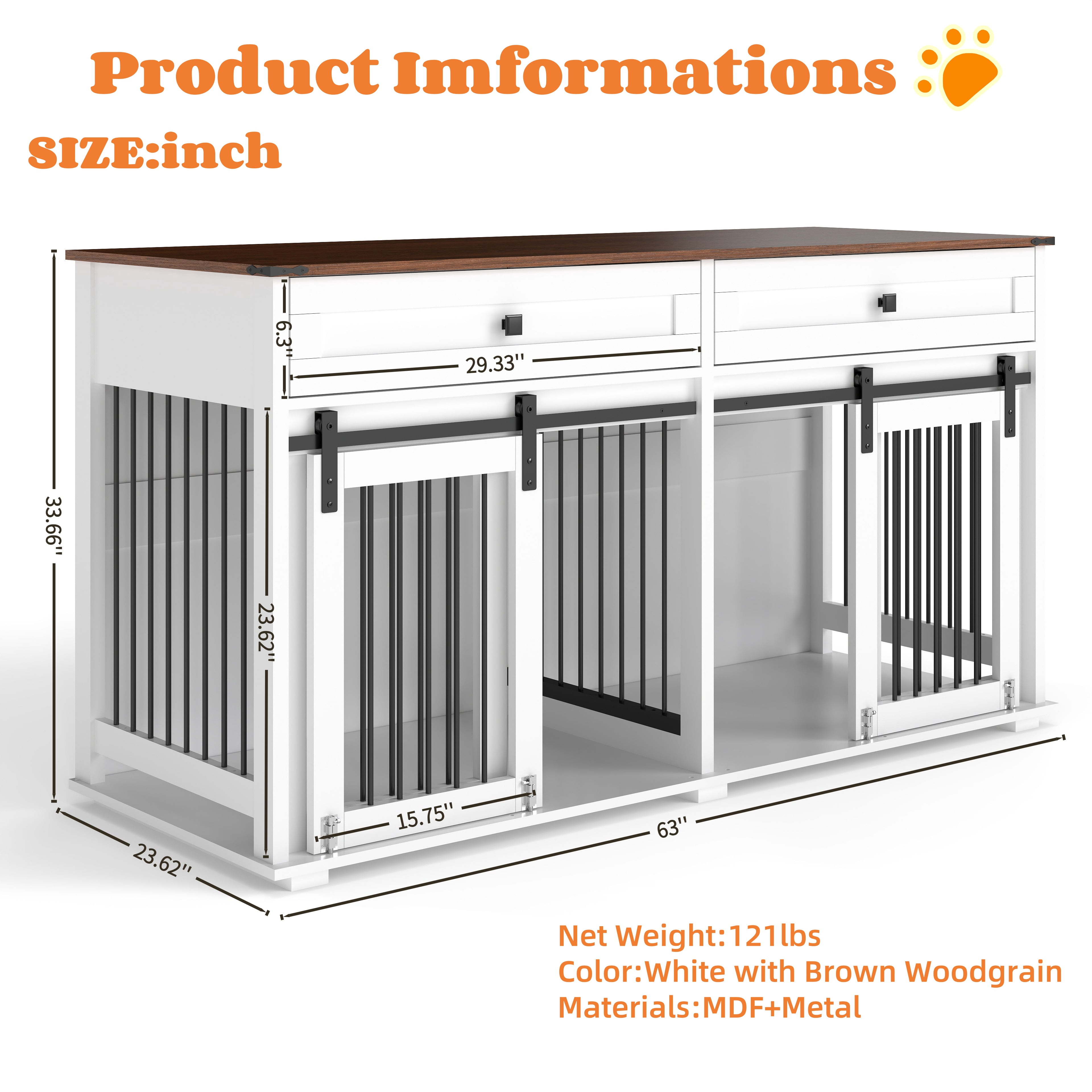 63" Large Dog Crate Furniture for Double Dog, Wooden Dog Kennel with 2 Drawers, Divider and Sliding Door, Water Resistant Indoor Pets Furniture Style Double Dog Crates