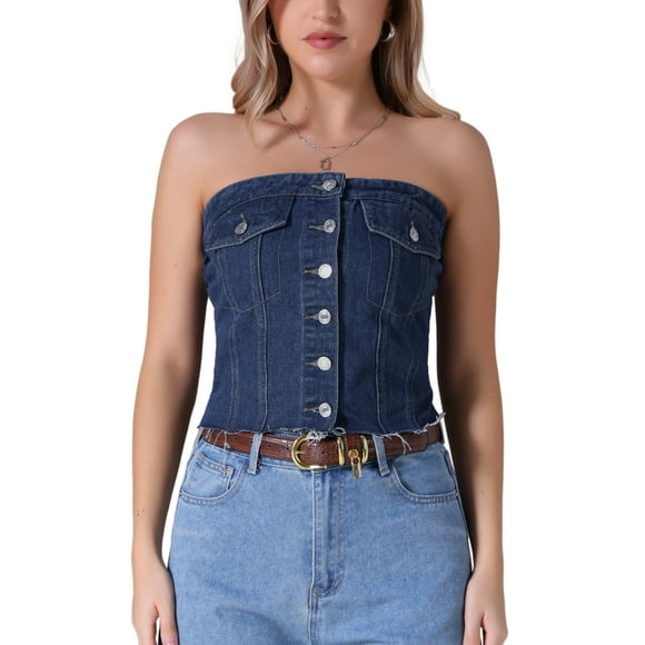 INSPIRE CHIC Women's Denim Corset Top Button Front Raw Hem Smocked Back Tube Tops
