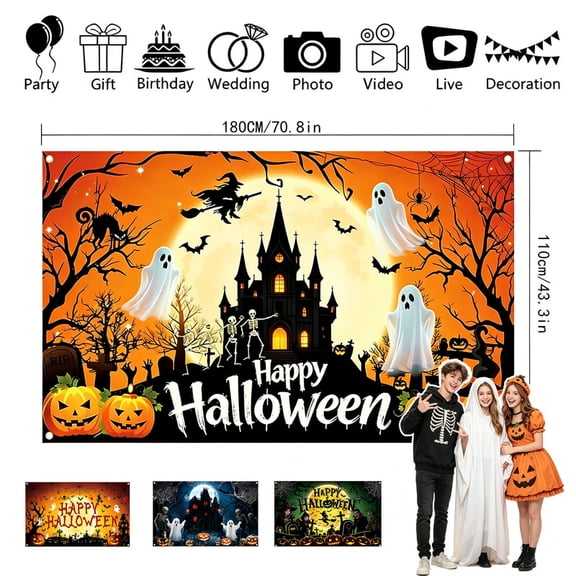 Halloween Themed Flag, Holiday Party Decor Photo Booth Backdrop Banner, Pumpkin Ghost Castle Pattern 70.8×43.3 Inch Scene Decor Hanging Flag