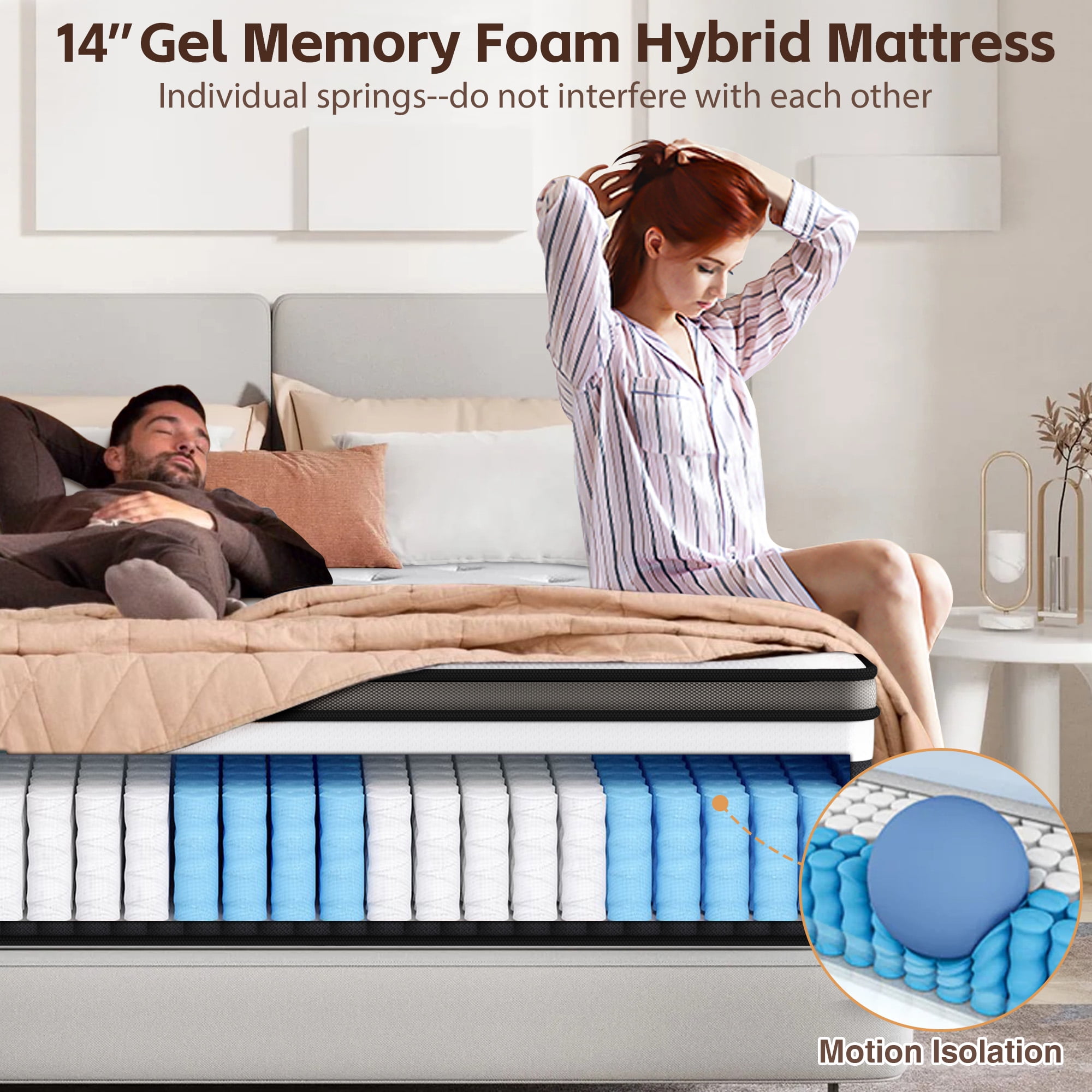 King Size Mattress, 14 Inch Hybrid Memory Foam & Pocket Spring Mattress for Motion Isolation & Silent Sleep, Medium Comfort, Pressure Relieving, Breathable & Supportive, CertiPUR-US Certified