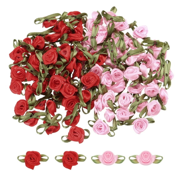 Uxcell 100 Pcs Pink/Red Ribbon Roses 5/8"x1-3/16" Mini Roses for Sewing Appliques