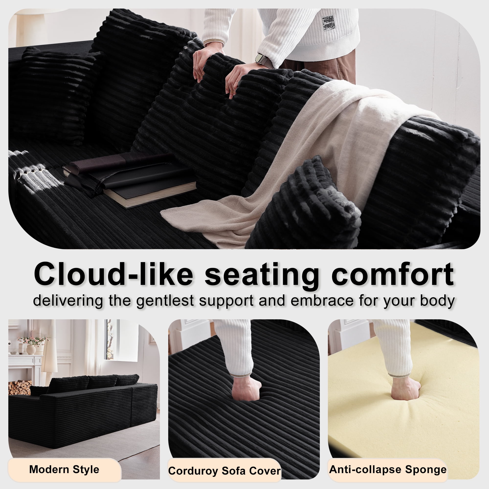 Actoroom 106" Modular Sectional Couch, L-Shape Boneless Cloud Couch, 4 in 1 Convertible Upholstered Sofa for Living Room, Black