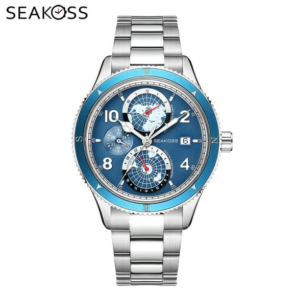 SEAKOSS 42mm Men's Diving Watch Automatic Mechanical Wristwatches Super Luminous Sapphire Clock Blue Dial Stainless Steel Watch