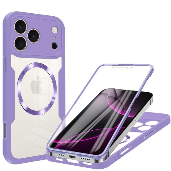 Allytechgroup Clear Magnetic Case for Apple iPhone 17 Pro Max with Build in Screen Protector, Anti-Yellow Bumper Shockproof Transparent Back Cover for iPhone 17 Pro Max, Purple