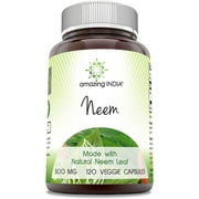 Amazing India Neem (Made with Natural Neem Leaf) 500 Mg Per Serving 120 Veggie Capsules Supplement | Non-GMO | Gluten Free | Made in USA