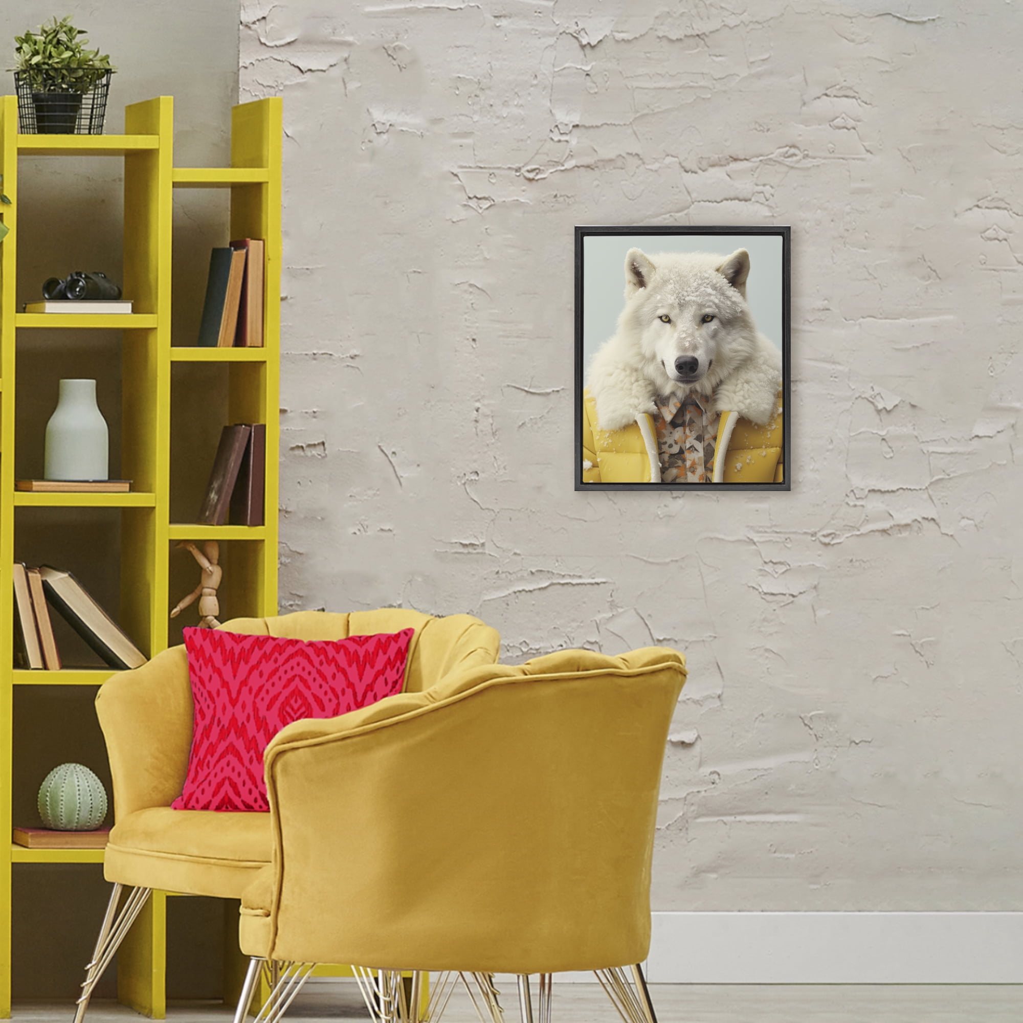 Stupell Industries Snow Wolf Yellow Jacket Black Framed Floater Canvas Wall Art, design by Ray Powers