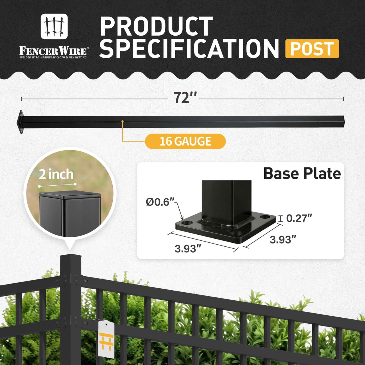 Fencer Wire 6 FT Metal Fence Post with Flange, Heavy Duty 16 Gauge Outdoor Patio Steel Fencing Border Post with Base Plate and Cap, Anti-Rust 2” Diameter Decorative Garden Flange Post, Pack of 10