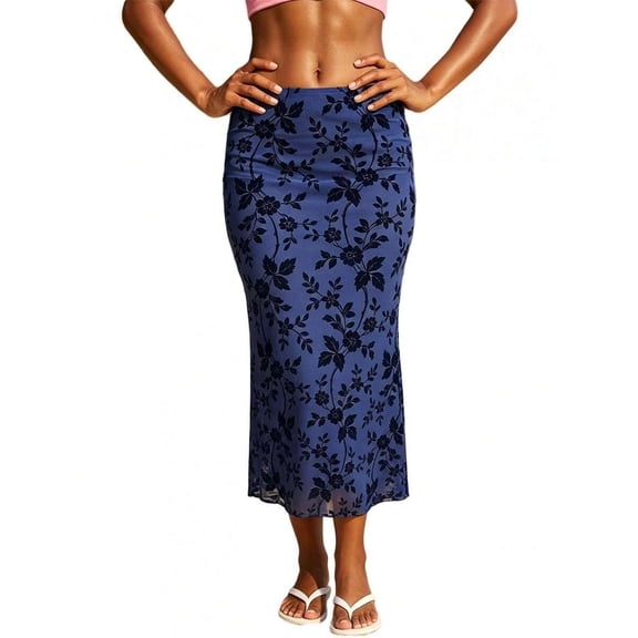 Blue Womens High Waisted Floral Print Bodycon Midi Skirt With Fish Tail Hem