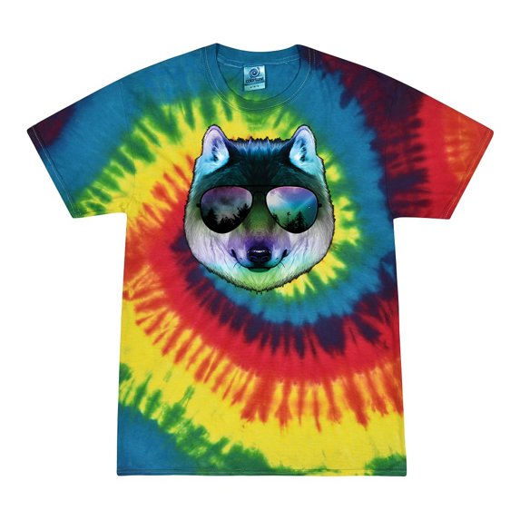 Wild Bobby, Funny Wolf on Sunglasses, Animal Lover, Tie-Dye Tees, Reactive Rainbow, Large