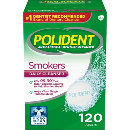 (2 pack) Polident Smokers Antibacterial Denture Cleanser Effervescent Tablets, 120