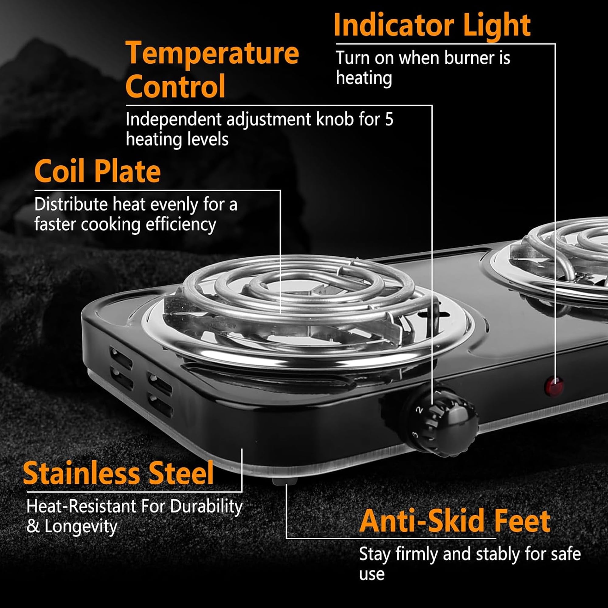 Daretodo 2000W Portable Electric Double Burner, Electric Hot Plate Kitchen Cooktop Cooking Stove Frying Pan and Easy to Clean for Home or Dorm, 5 Adjustable Temperatures, Black