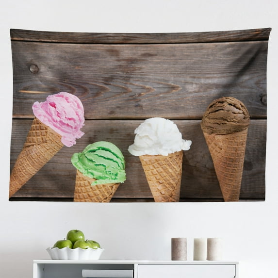 Ice Cream Cone Tapestry, Rustic Vintage Geometric Fresh Flavors Wooden Background Representation, Fabric Wall Hanging Decor for Bedroom Living Room Dorm, 2 Sizes, Multicolor, by Ambesonne