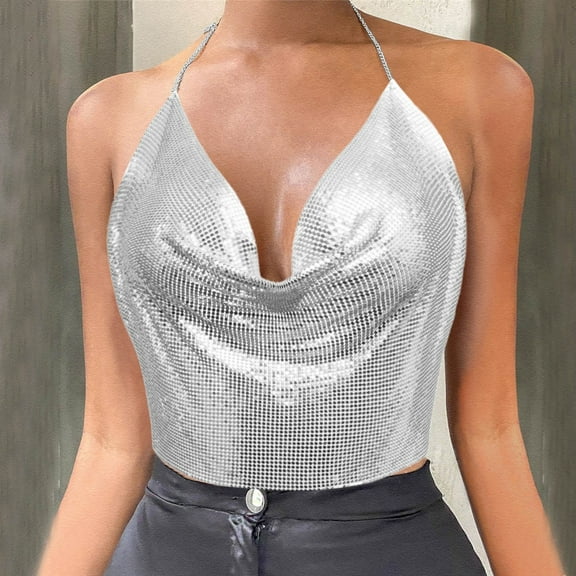 SNKSDGM Female Womens Tank Tops Plus Size Cotton Women Tank Tops Loose fit Women Chain Sexy Clothes Beading Tassel Sleeveless Backless Crop Top Club Vintage Tank Tops S