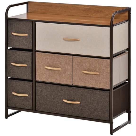 Maple Wood 7-Drawer Dresser, Fabric Storage Chest with Steel Frame & MDF Top, Anti-Tipping Organizer for Laundry Room Living Room Entryway