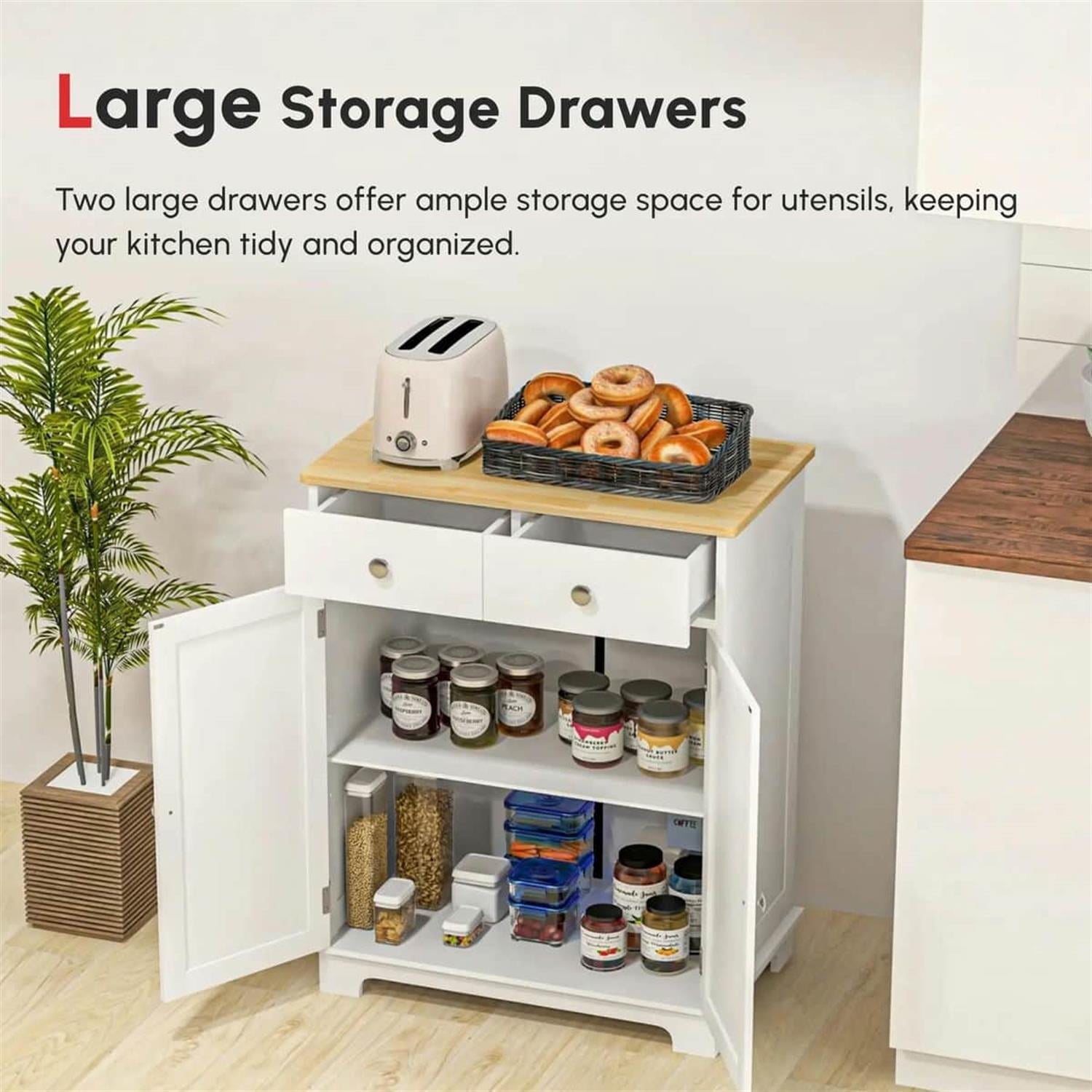 Demi Bonn 33" Kitchen Storage Cabinet Solid Wood Top Sideboard Floor Cupboard, Adjustable Shelf & 2 Drawers for Home Organization, White