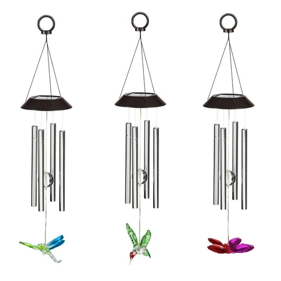 Evergreen 3 Asst., 27.8"L Solar Windchime, Dragonfly, Hummingbird, and Butterfly, 7.5'' x 27.5'' x 7.5'' inches.