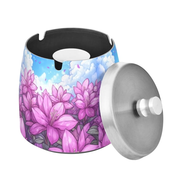 Purple Azalea Flower Ashtray with Lid Outdoor for Patio Stainless Steel Cigar Ashtray Odorless Smokeless for Home Office Balcony