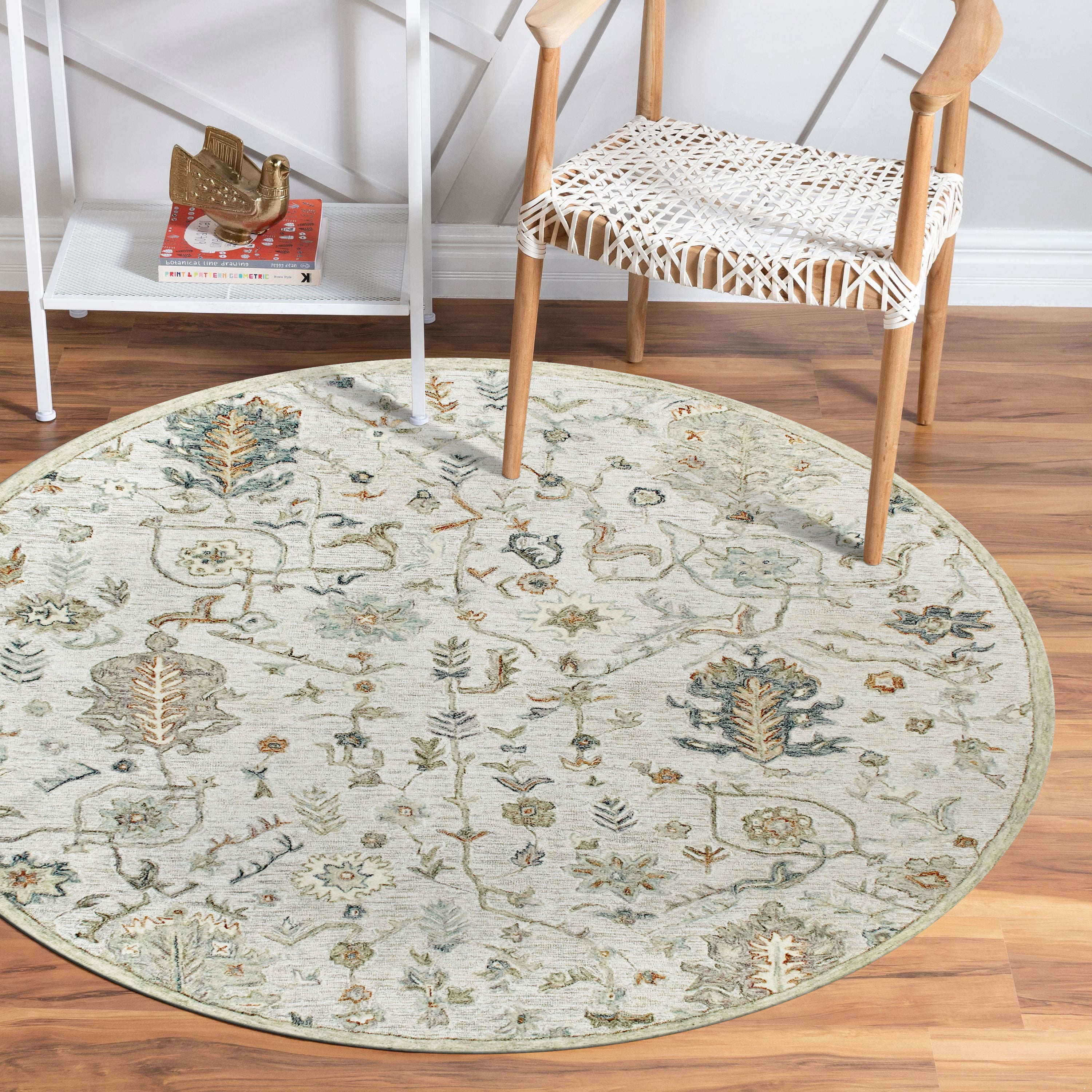 LR Home Viane Axle Cream/Taupe Vintage Floral Wool Round Rug, 8'6" Round