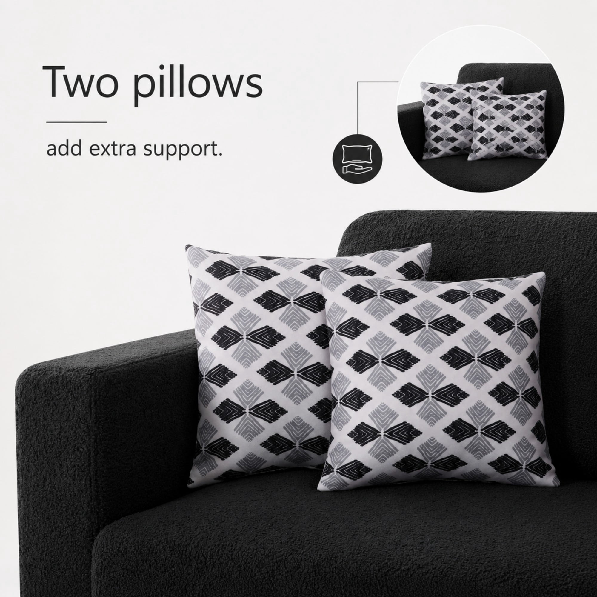 BSHTI 86.6" Teddy Fabric Sofa with 2 Pillows, Extra-Wide Deep Seat, Solid Wood Iron Frame, Removable Covers for Living Room(Black)